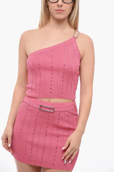 Alessandra Rich One-shoulder Lurex Crop Top With Crystals In Pink