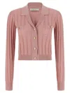 Alessandra Rich Ribbed Knit Cardigan Front Pockets In Pink