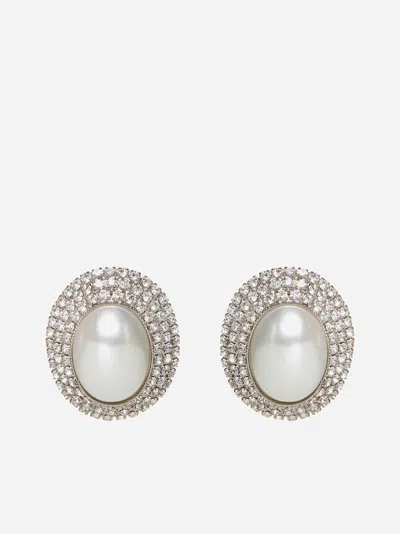 Alessandra Rich Oval Crystals And Pearl Earrings In Silver