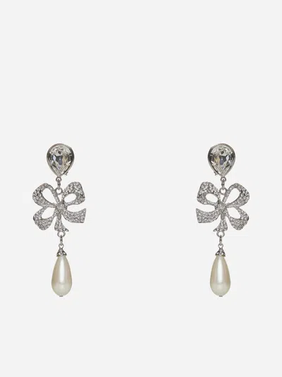 Alessandra Rich Pearl, Crystal And Bow Earrings In Crystal,silver
