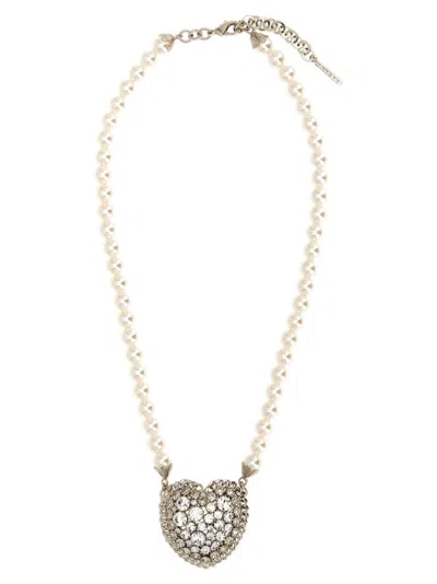 Alessandra Rich Pearl Heart Necklace In White