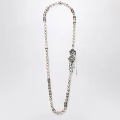 Alessandra Rich Pearl Necklace With Silver Crystal Flower Clasp In White