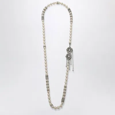 Alessandra Rich Pearl Necklace With Silver Crystal Flower Clasp In White