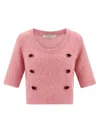 Alessandra Rich Crew Neck Floral Appliqué Short Sleeves Soft Texture In Pink