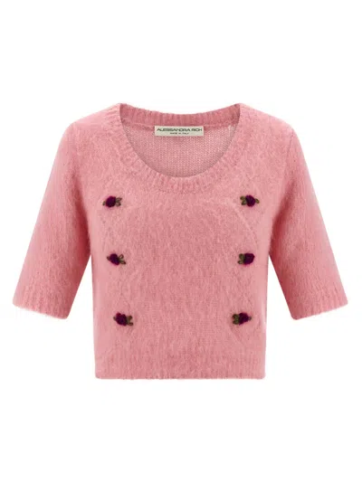 ALESSANDRA RICH PINK CARDED MOHAIR SWEATER