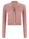Alessandra Rich Ribbed Knit Cardigan Front Pockets In Pink