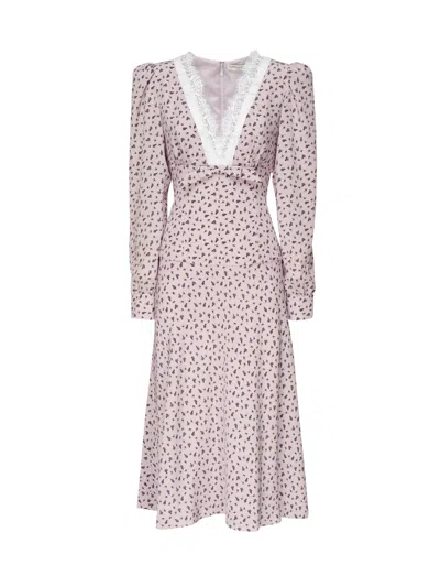 Alessandra Rich Rose Print Silk Midi Dress In Pink