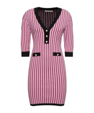 Alessandra Rich Pinstripe Knitted V-neck Dress In Pink