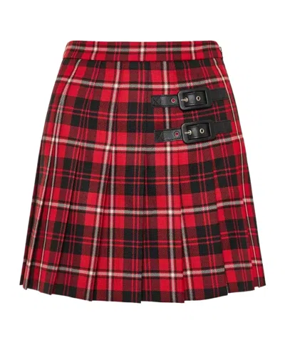 Alessandra Rich Pleated Wool Tartan Mini Skirt W/buckles In Red/black