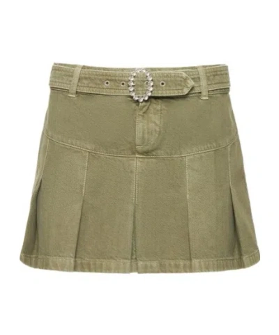 Alessandra Rich Pleated Denim Mini Skirt W/ Buckle In Green