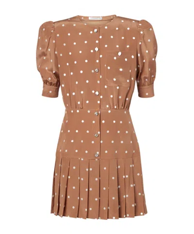 Alessandra Rich Pleated Polka-dot Silk Minidress In Brown