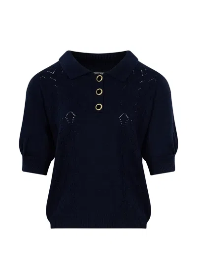 Alessandra Rich Pointelle-knit Puff-sleeve Polo Top In Blue