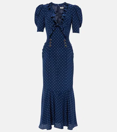 Alessandra Rich Ruched Button And Bow-embellished Polka-dot Silk Midi Dress In Navy Blue-white
