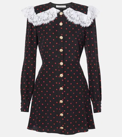 ALESSANDRA RICH POLKA-DOT LACE-TRIMMED SILK MINIDRESS