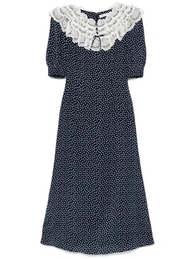 Alessandra Rich Lace-trimmed Polka-dot Silk Crepe De Chine Midi Dress In Navy Blue-white