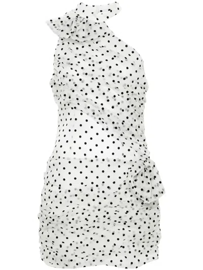 Alessandra Rich Polka-dot Silk With Ruffled Bow Neckline Dress In White