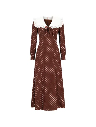 Alessandra Rich Polka-dot Ruffled Silk Dress In Brown