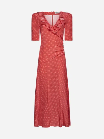 Alessandra Rich Polka Dot Silk Long Dress In Rosso