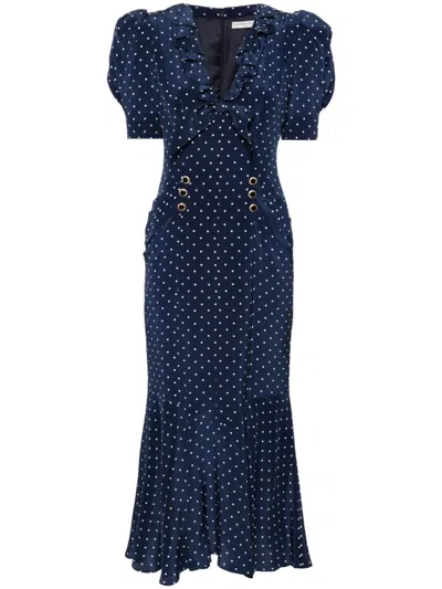 Alessandra Rich Blue Polka Dot Silk Midi Dress In Blau