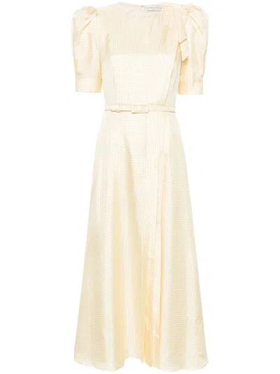 Alessandra Rich Silk Twill Midi Dress With Polka Dot Print In Yellow