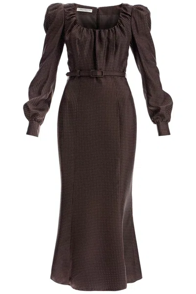 Alessandra Rich "polka Dot Silk Midi Dress" In Brown