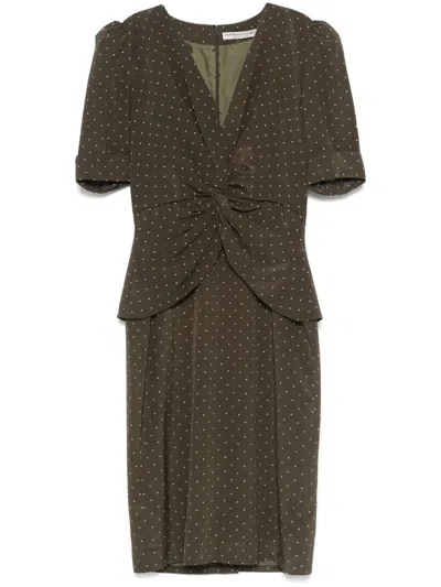 Alessandra Rich Twist-front Gathered Polka-dot Silk Midi Dress In Dark Green Ivory