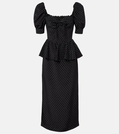 Alessandra Rich Polka-dot Peplum Silk Midi Dress In Black