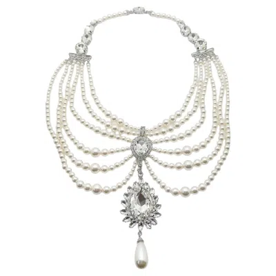 Pre-owned Alessandra Rich Preloved Pearl & Crystal Festoon Necklace Rhodium Plated In Multiple