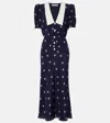 Alessandra Rich Crepe-trimmed Gathered Printed Silk Midi Dress In Blue
