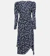 Alessandra Rich Draped Button-embellished Printed Silk-jacquard Midi Dress In Navy Blue