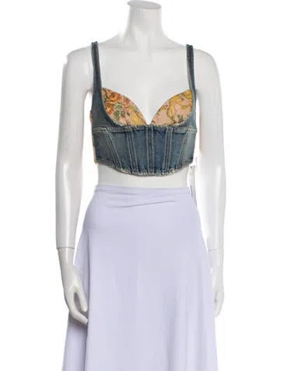 Pre-owned Alessandra Rich Printed Square Neckline Crop Top W/ Tags In White