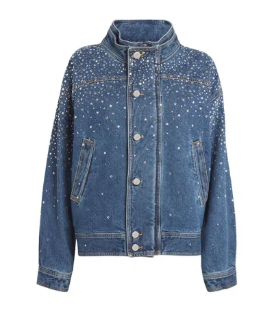 Alessandra Rich Rhinestone-embellished Denim Bomber Jacket In Blue