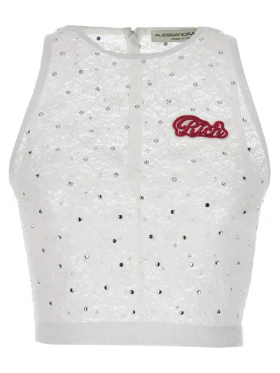 Alessandra Rich Rhinestone Lace Top In White