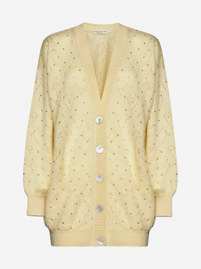 Alessandra Rich Knitted Mohair Long Cardigan W/ Crystals In Pale Yellow