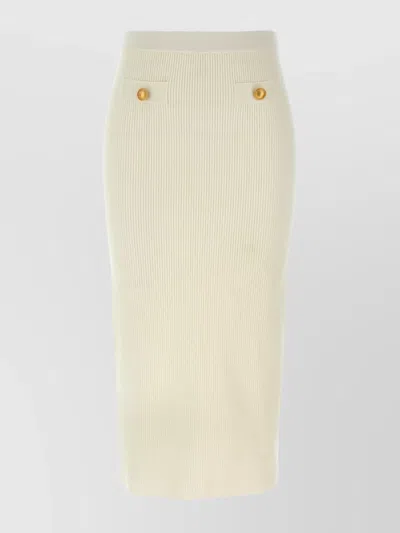 Alessandra Rich Ribbed High Waist Midi Skirt With Back Slit In White