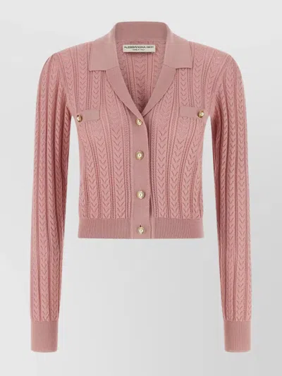 ALESSANDRA RICH RIBBED KNIT CARDIGAN FRONT POCKETS