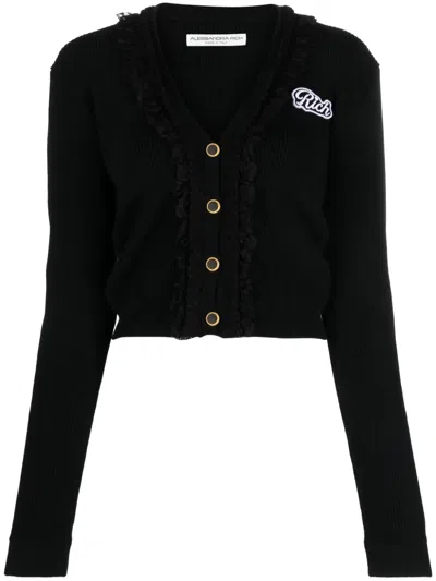 Alessandra Rich Sophisticated V-neck Cardigan With Ruffle Detailing And Cropped Length In Black