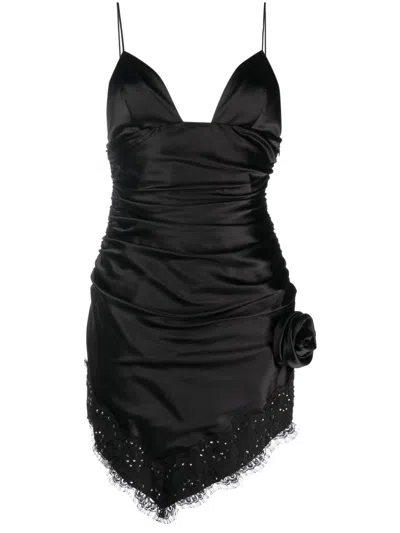 Alessandra Rich Rose-appliqué Asymmetric Minidress In Black