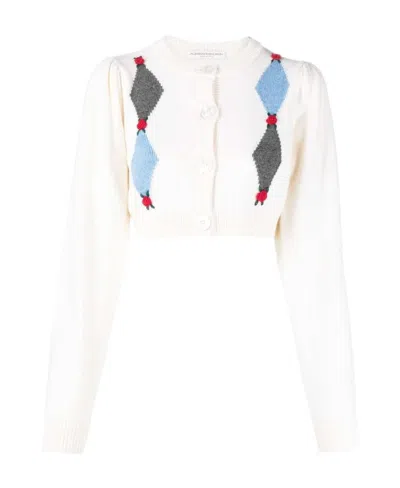ALESSANDRA RICH ROSE-EMBROIDERED ARGYLE WOOL CARDIGAN