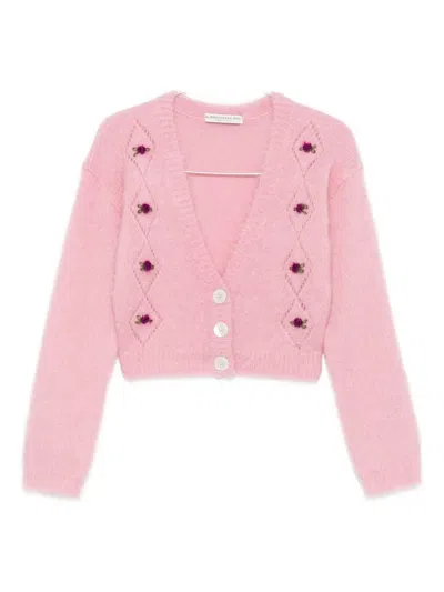 Alessandra Rich Rose-embroidered Button Cardigan In Pink