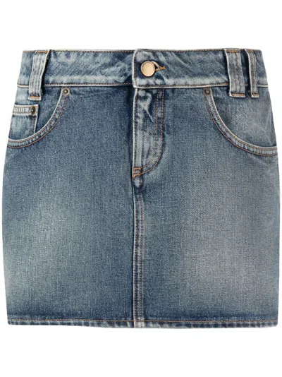 Alessandra Rich Denim Mini Skirt With Crystal Rose In Blue