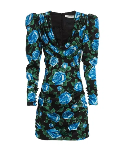 ALESSANDRA RICH ALESSANDRA RICH ROSE PRINTED SATIN DRAPED MINI DRESS