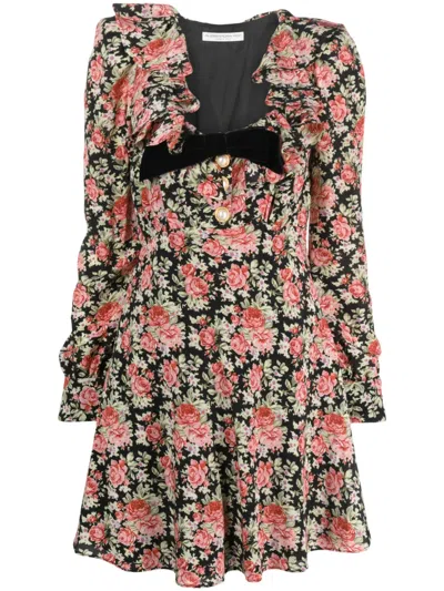 ALESSANDRA RICH ROSE-PRINT SILK MINIDRESS