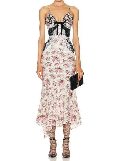 ALESSANDRA RICH ROSE PRINT SLIP DRESS WITH LACE IN BLACK & PINK
