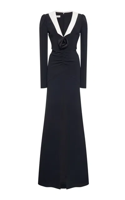 Alessandra Rich Cady Evening Dress W/ Rose In Black