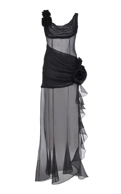 Alessandra Rich Rosette-detailed Draped Silk Organza Maxi Dress In Black