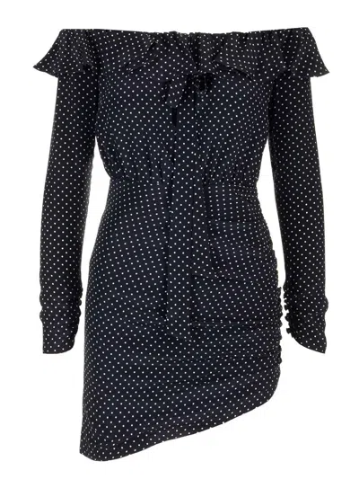 Alessandra Rich Ruched Detail Polka Dot Printed Dress In Blue