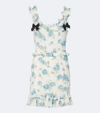 Alessandra Rich Ruffled Floral-print Silk Mini Dress In Blue