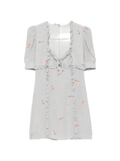 Alessandra Rich Floral-print Ruffle-trim Silk-crepe Mini Dress In Gray