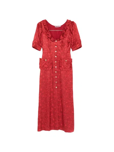 Alessandra Rich Ruffled Jacquard Midi Dress In Red